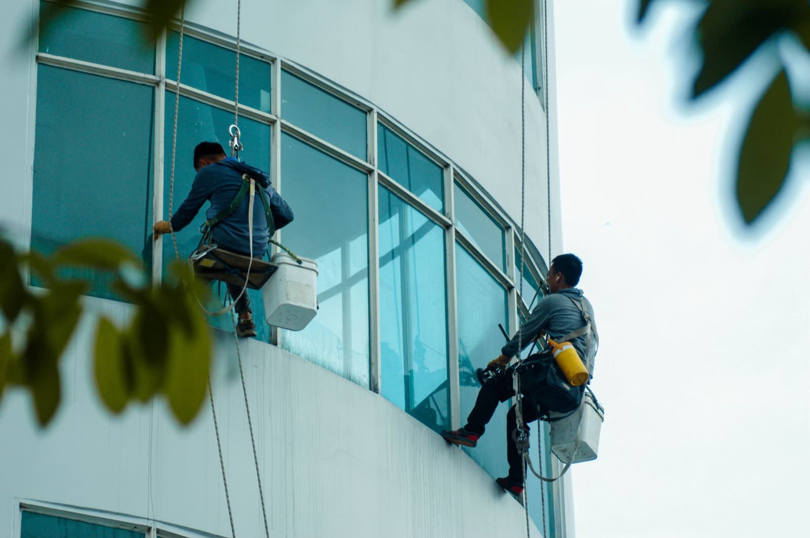 Two rope access workers cleaning the windows of a high rise building