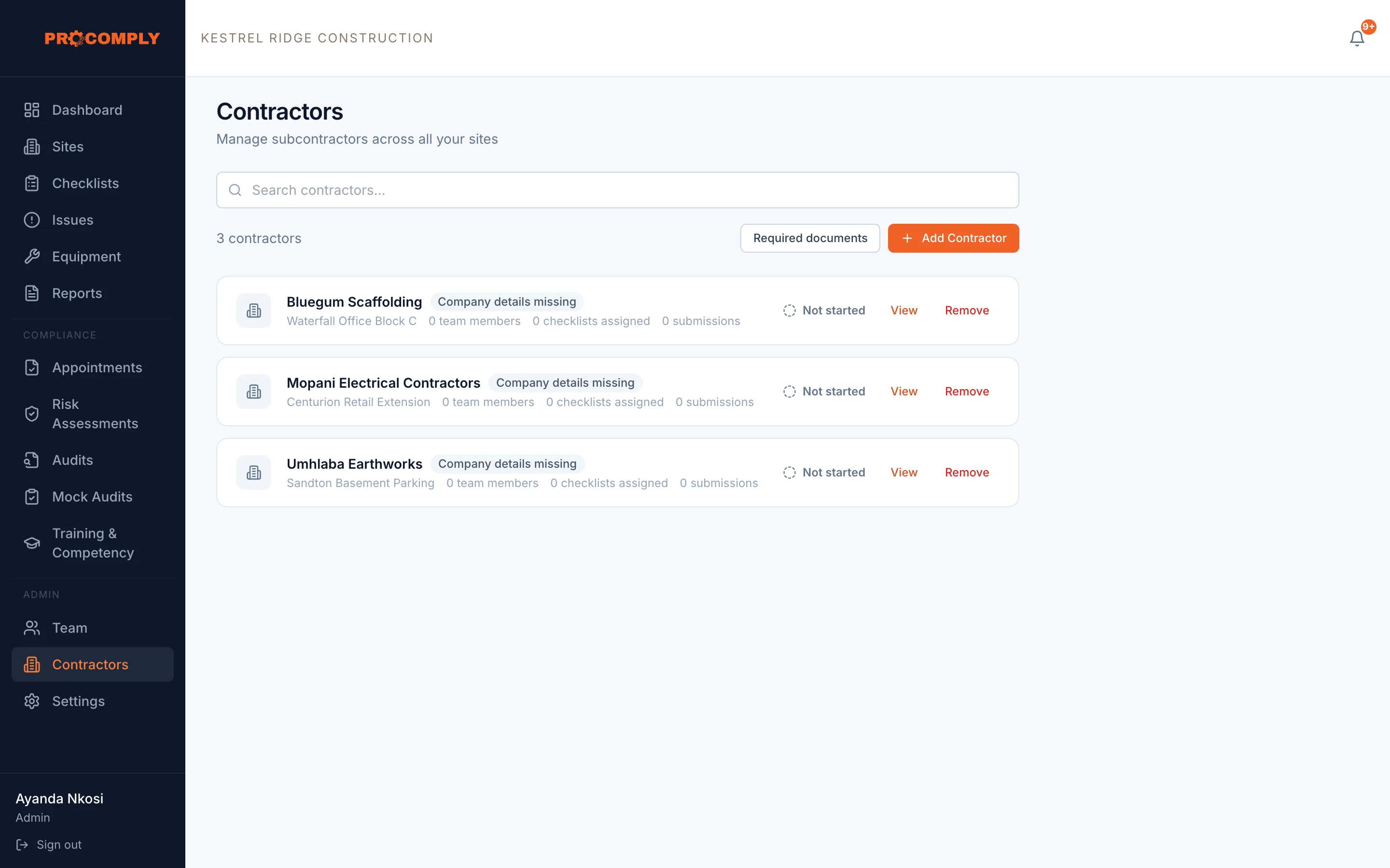 Contractor companies with their sites, team members and document status