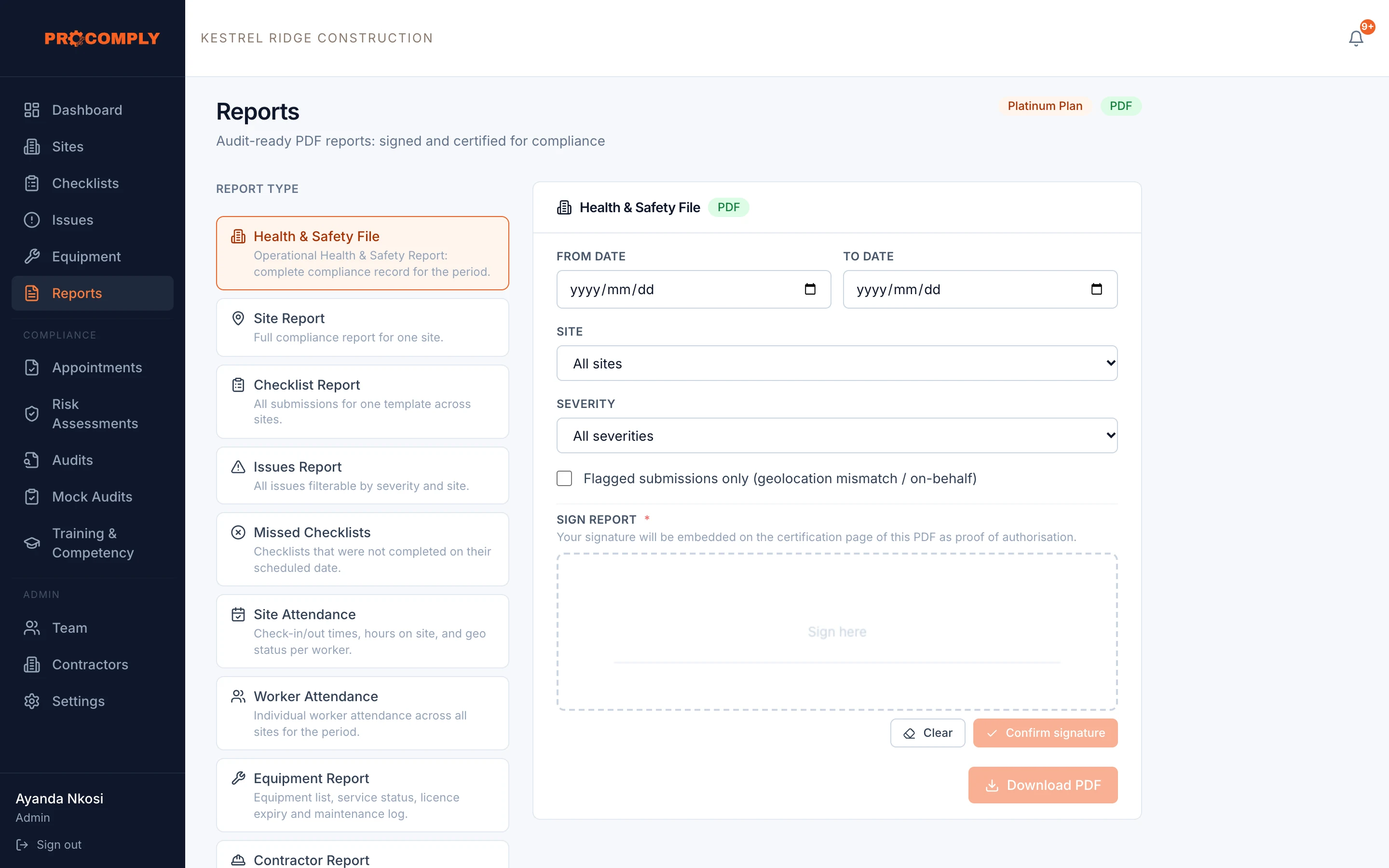 Report types such as the Health and Safety File, checklist, issues and attendance reports, with date and site filters